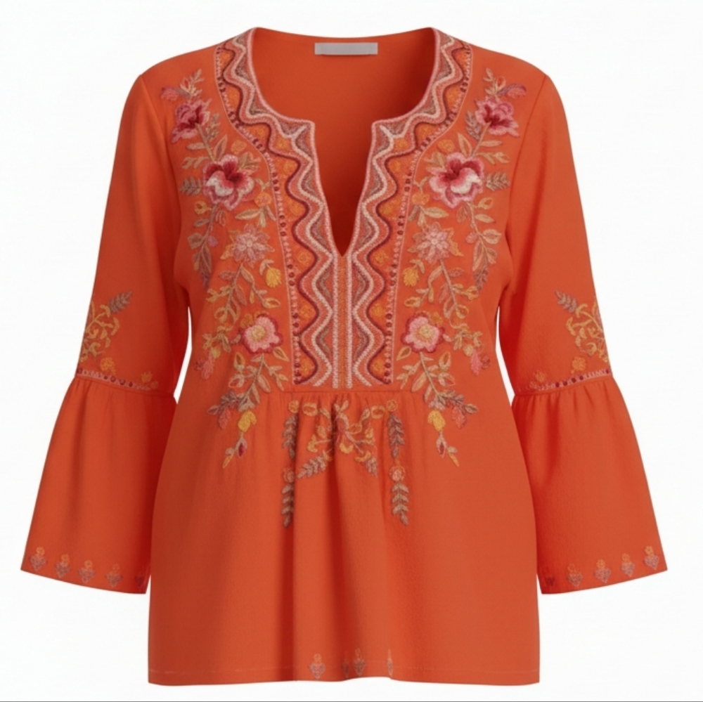 Johnny Was Alisa Floral Embroidered Flare Sleeve Top